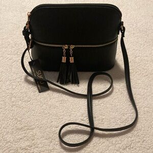 NWT Sugu black lightweight dome crossbody shoulder bag purse with tassels